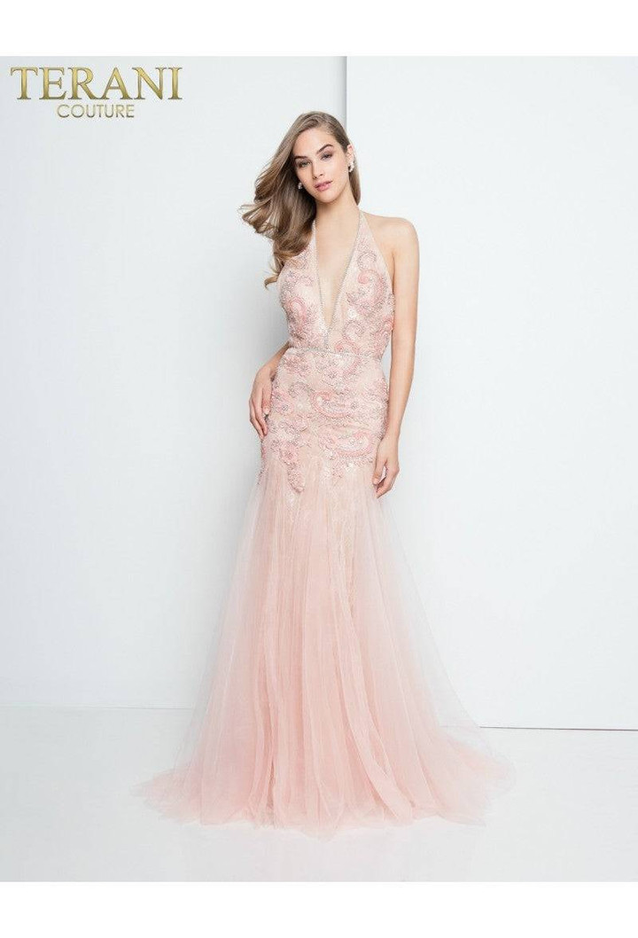 Terani Couture 1811P5238X Tulle Beaded Deep V-Pink Dress