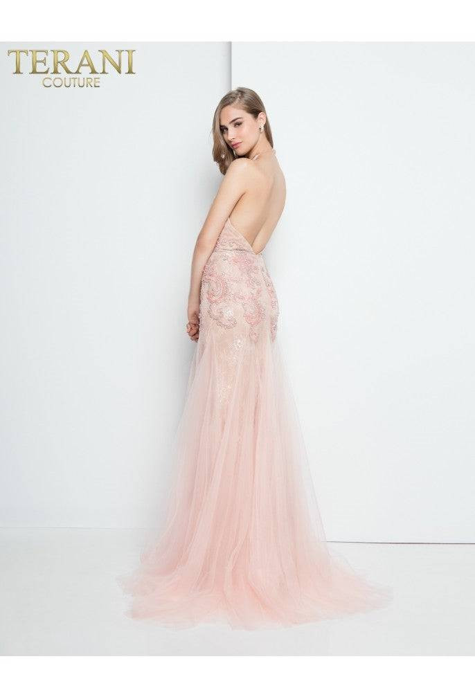 Terani Couture 1811P5238X Tulle Beaded Deep V-Pink Dress