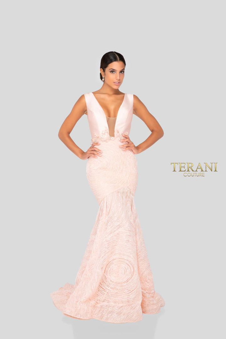 Terani Couture 1911P8158 Plunging V-Neckline Trumpet Dress