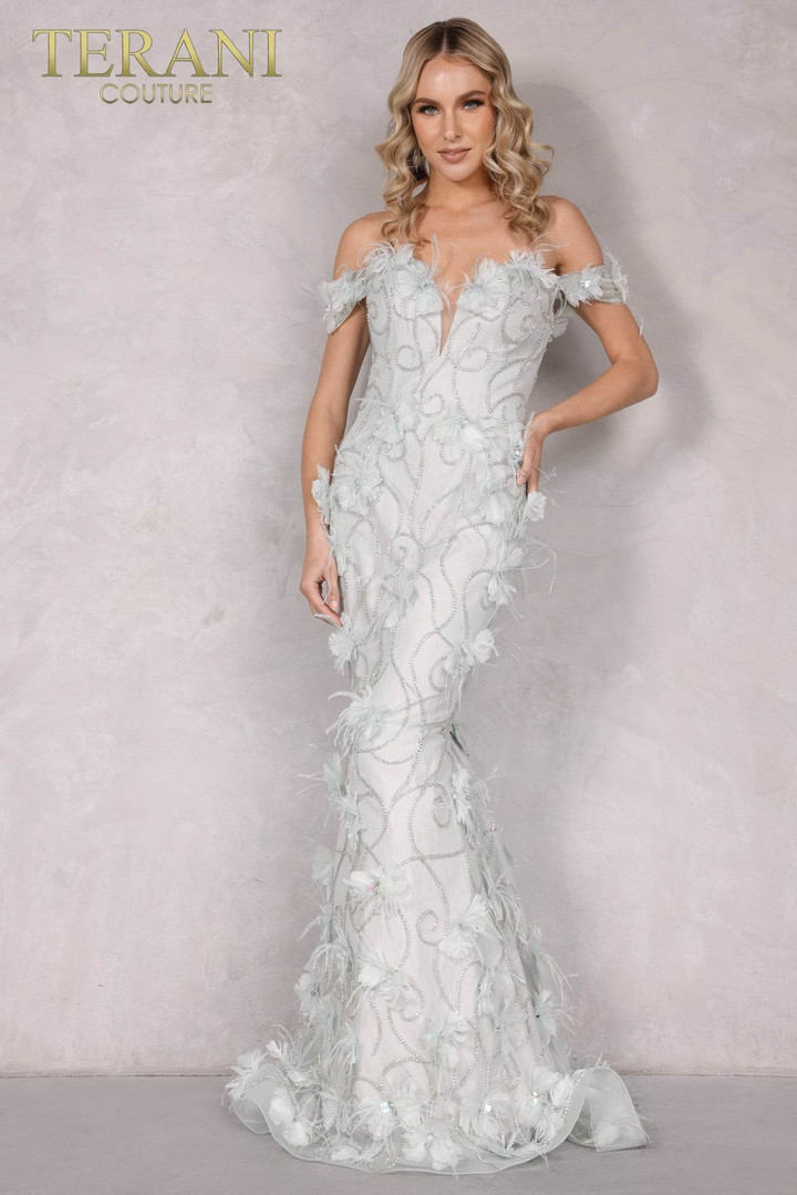 Terani Couture 2027GL3231 Floral Feather Off-shoulder Dress