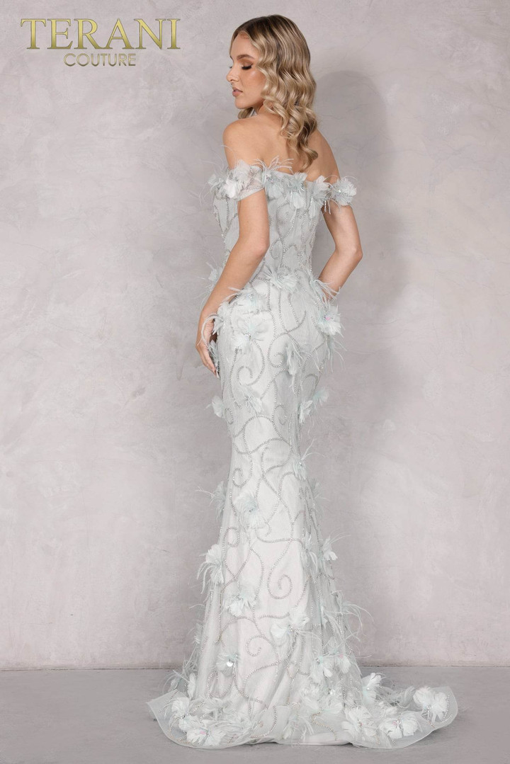 Terani Couture 2027GL3231 Floral Feather Off-shoulder Dress