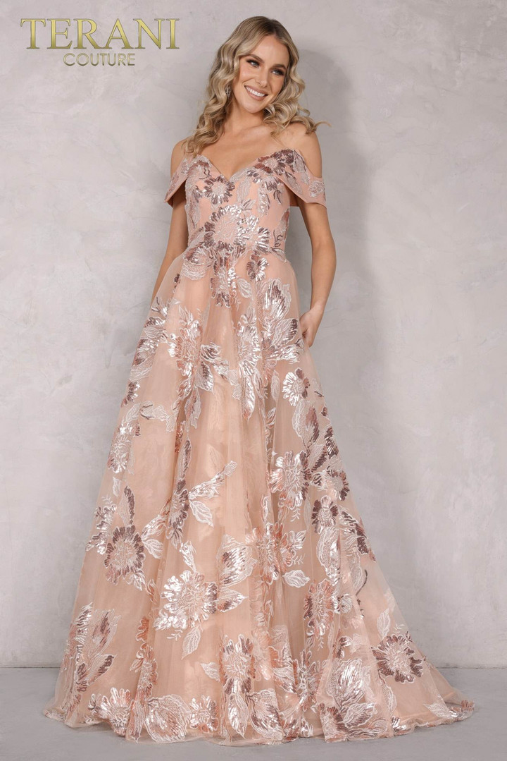 Terani Couture 2111P4104 Lace Embroidery Off Shoulder Dress