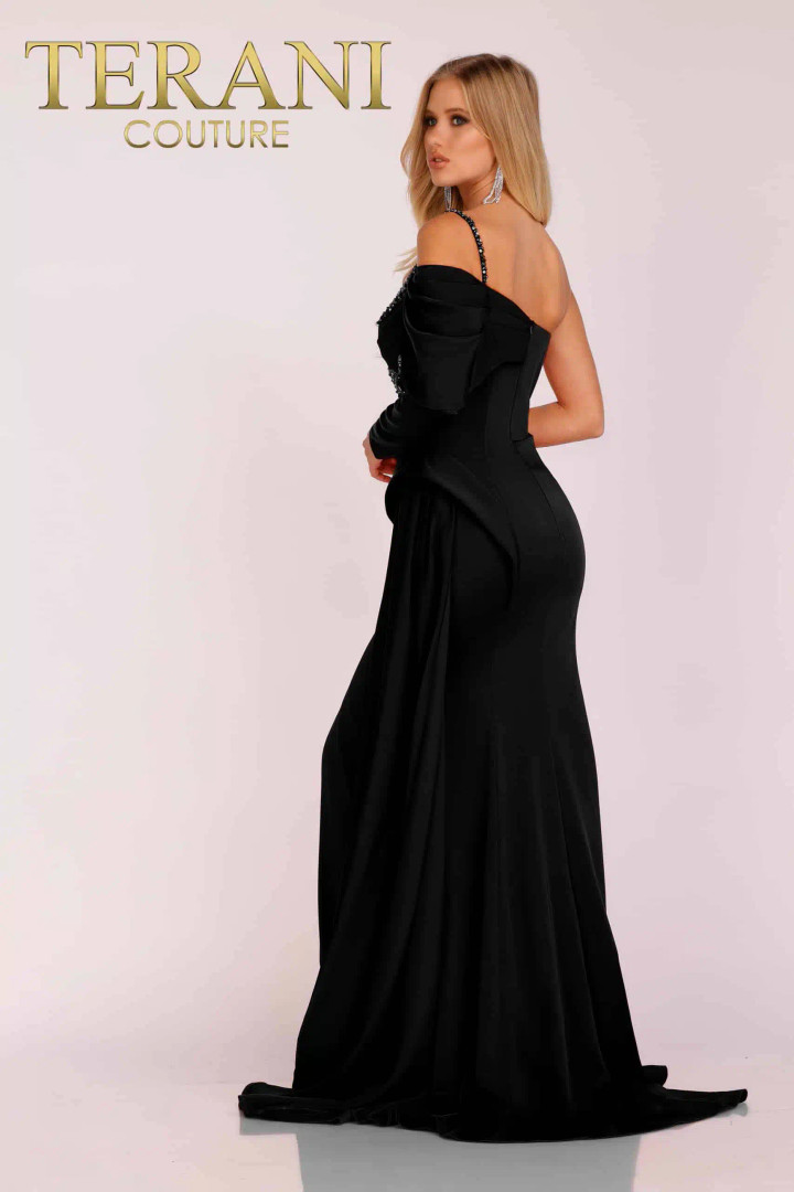 Terani Couture 231E0614 Satin Puffed Long Sleeve Long Dress