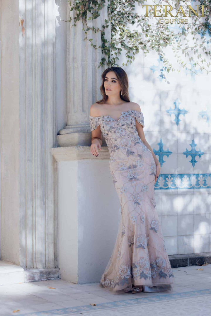 Terani Couture 231GL0416 Tulle Off-Shoulder V-Neck Long Gown