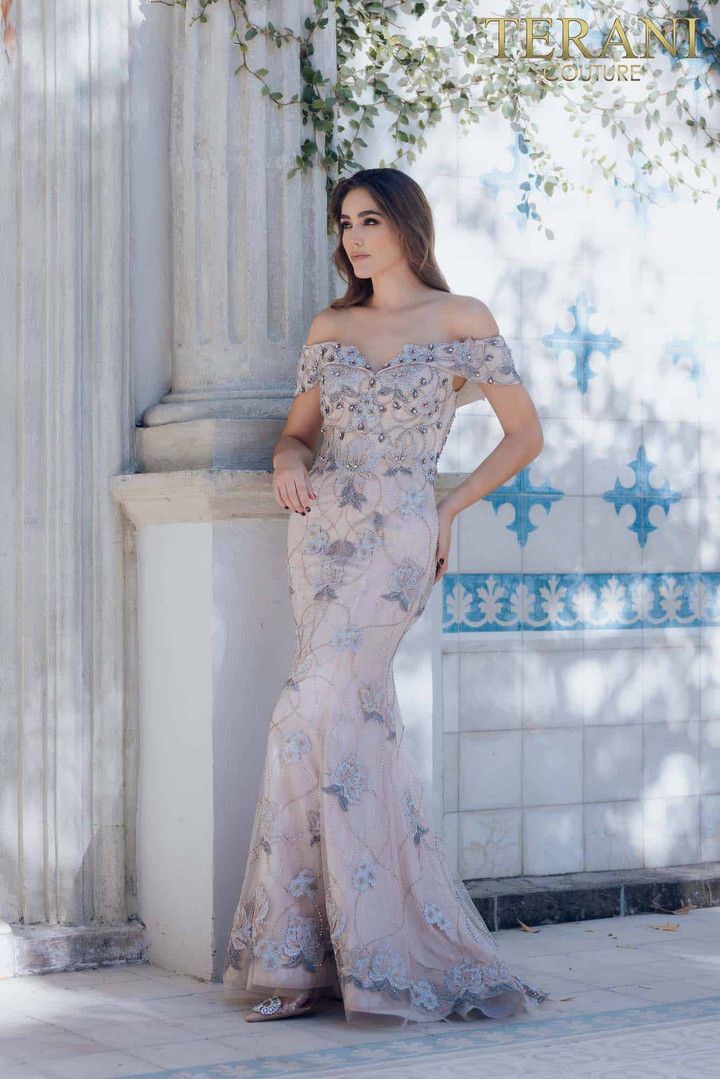 Terani Couture 231GL0416 Tulle Off-Shoulder V-Neck Long Gown