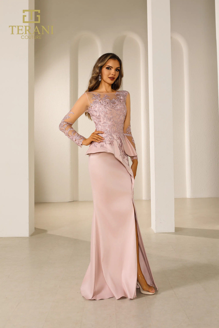 Terani Couture 231M0482 Stretch Mikado Satin Embroidery Gown