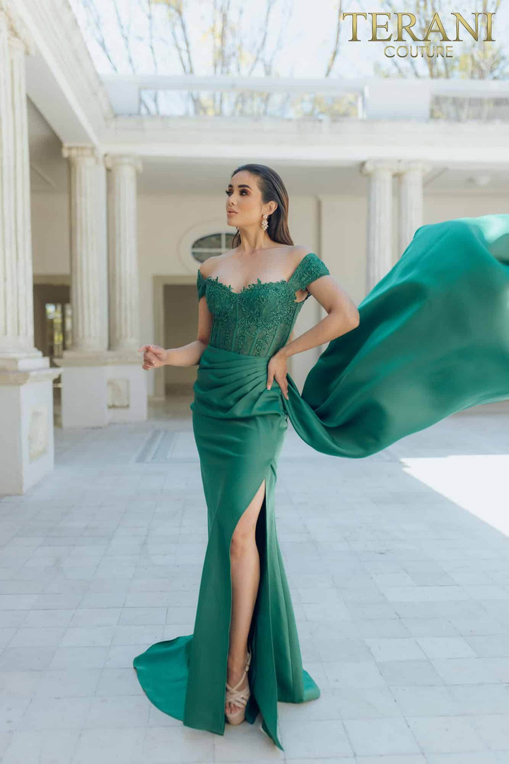 Terani Couture 231P0061 Matte Satin Off-Shoulder Prom Gown