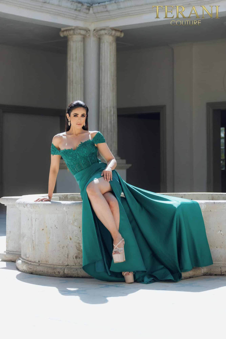 Terani Couture 231P0061 Matte Satin Off-Shoulder Prom Gown