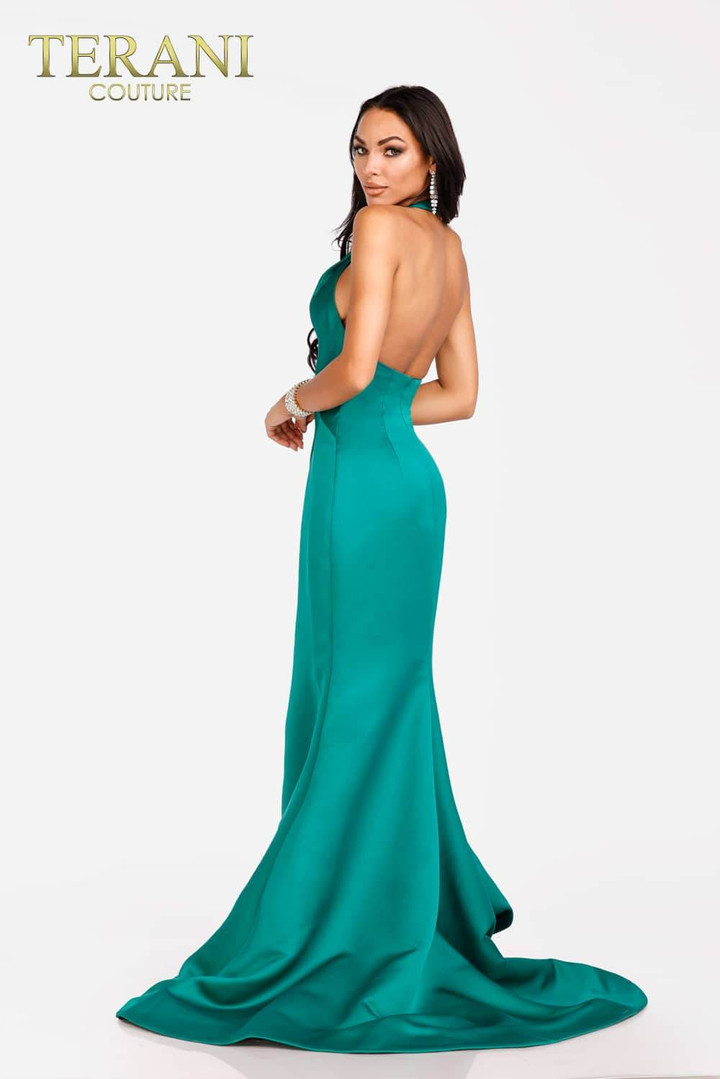Terani Couture 231P0107 Matte Satin Front Neck Cut Prom Gown