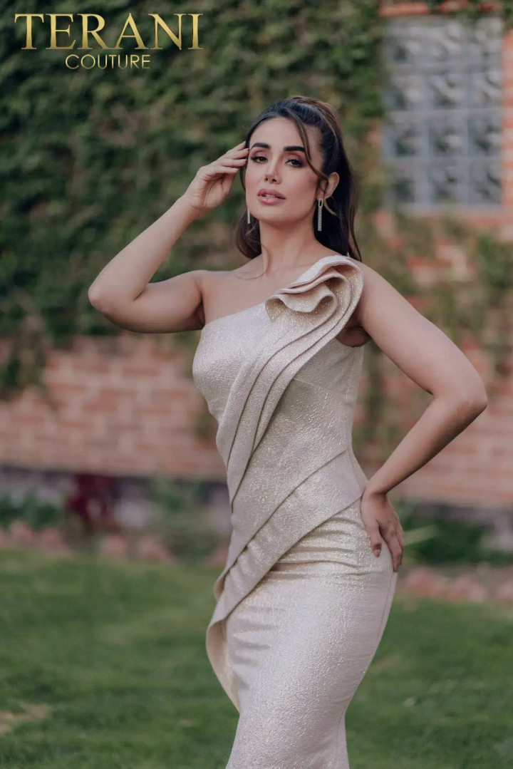 Terani Couture 232E1208 Metallic Jacquard One Shoulder Dress