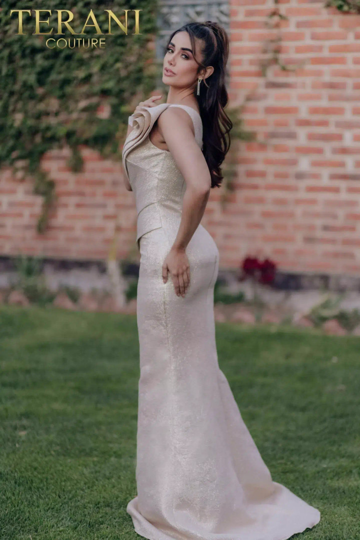 Terani Couture 232E1208 Metallic Jacquard One Shoulder Dress