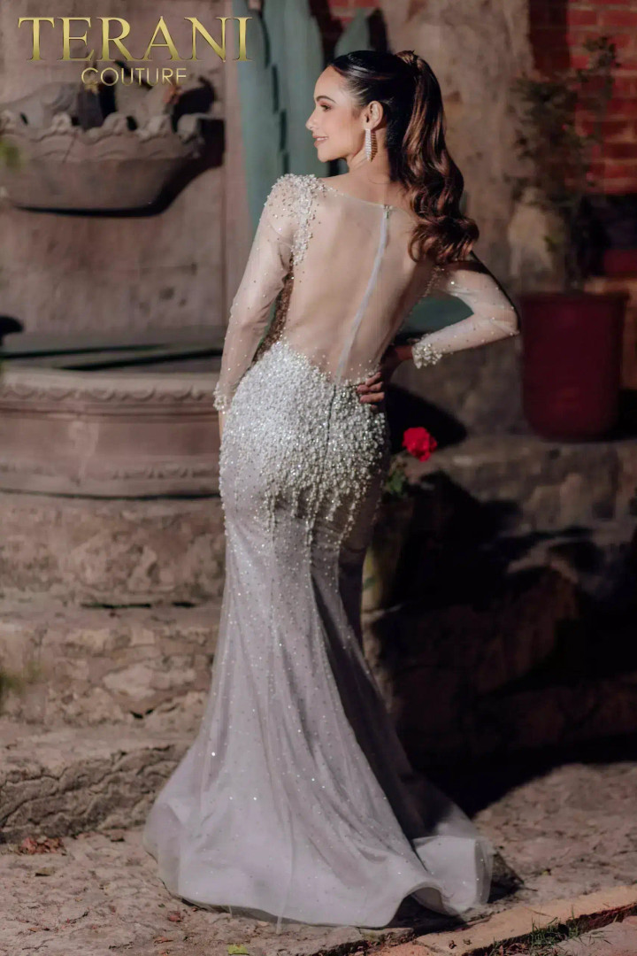 Terani Couture 232GL1454 Beaded V-neck Long Sleeves Dress