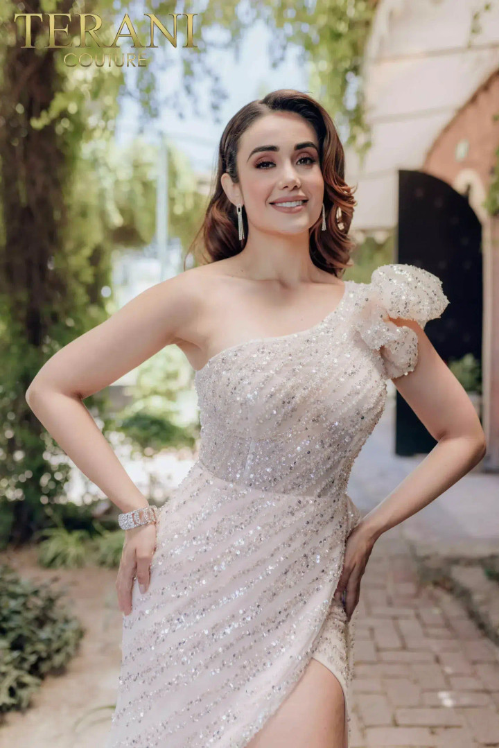 Terani Couture 232GL1479 Tulle Beaded One-Shoulder Dress
