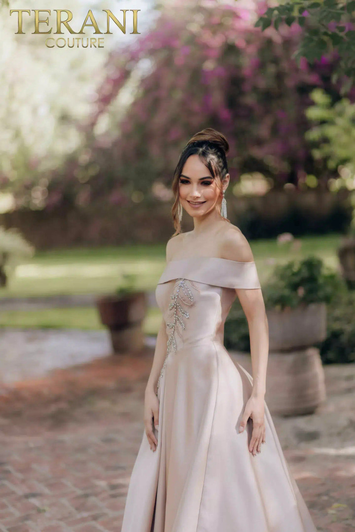 Terani Couture 232M1512 Mikado Pleated Off Shoulder Dress