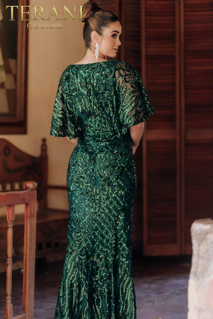 Terani Couture 232M1516 Sequin V-Neck Cape Sleeve Long Dress