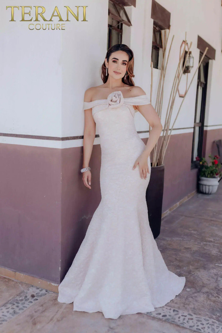 Terani Couture 232M1519 Polyester Brocade Off Shoulder Dress