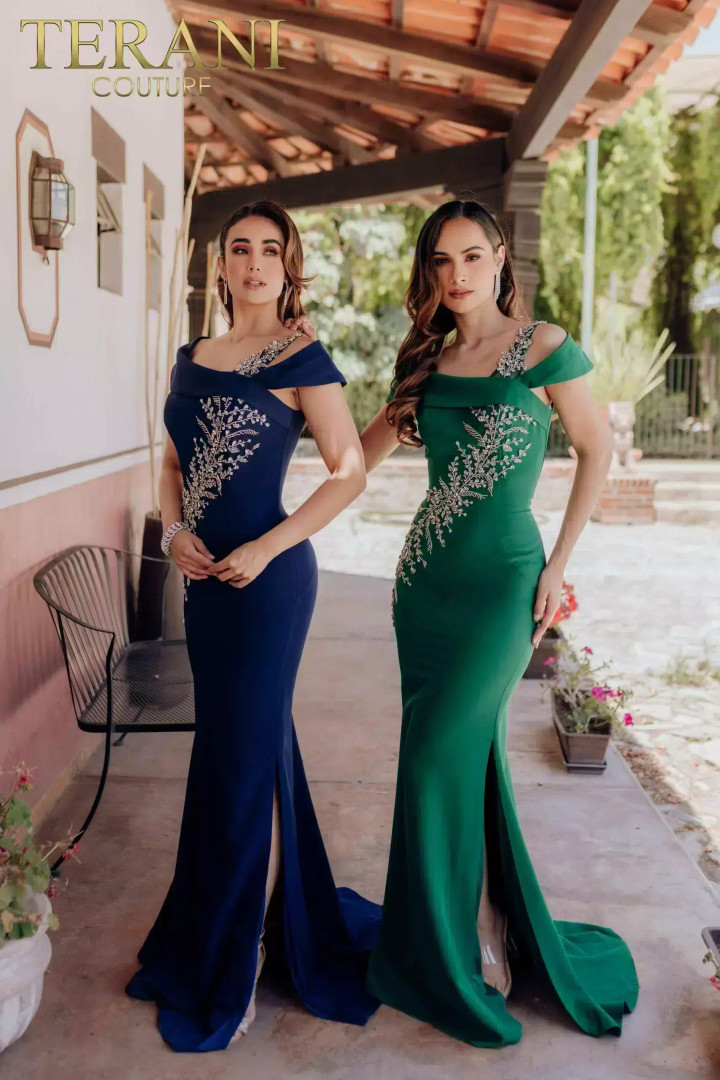 Terani Couture 232M1549 Stretch Satin Off Shoulder Dress