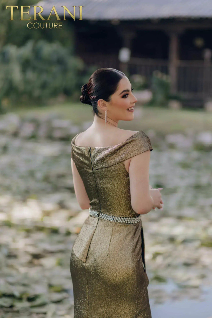 Terani Couture 232M1555 Metallic Brocade Off Shoulder Dress