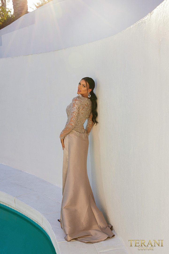 Terani Couture 232M1557 Mikado Sheer Sleeves 3D Flower Dress