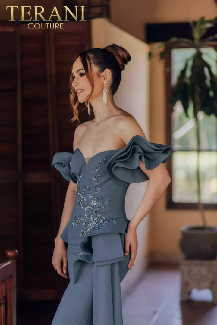 Terani Couture 232M1559 Crepe Sweetheart Ruffle Sleeve Dress