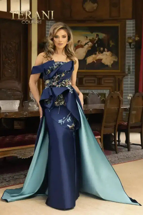 Terani Couture 242E3148 Jacquard Strapless Printed Dress