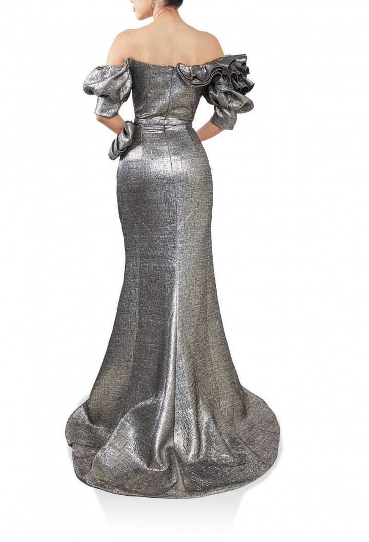 Terani Couture 242E3155 Metallic Off-the-shoulder Long Dress