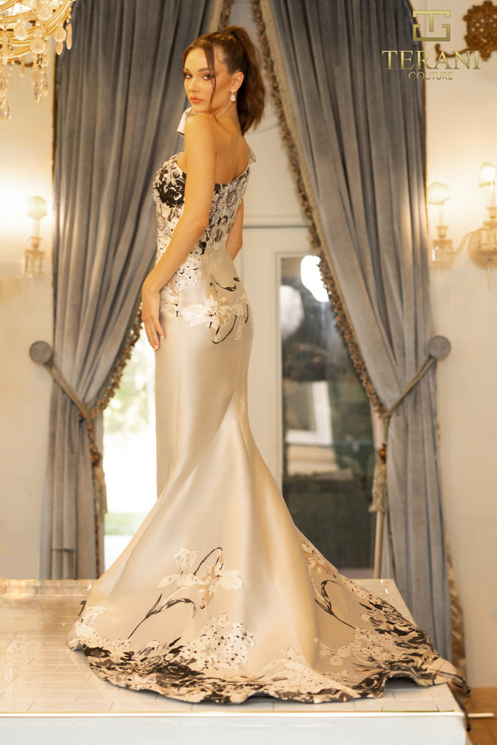 Terani Couture 242E3165 Print Mikado One Shoulder Long Dress