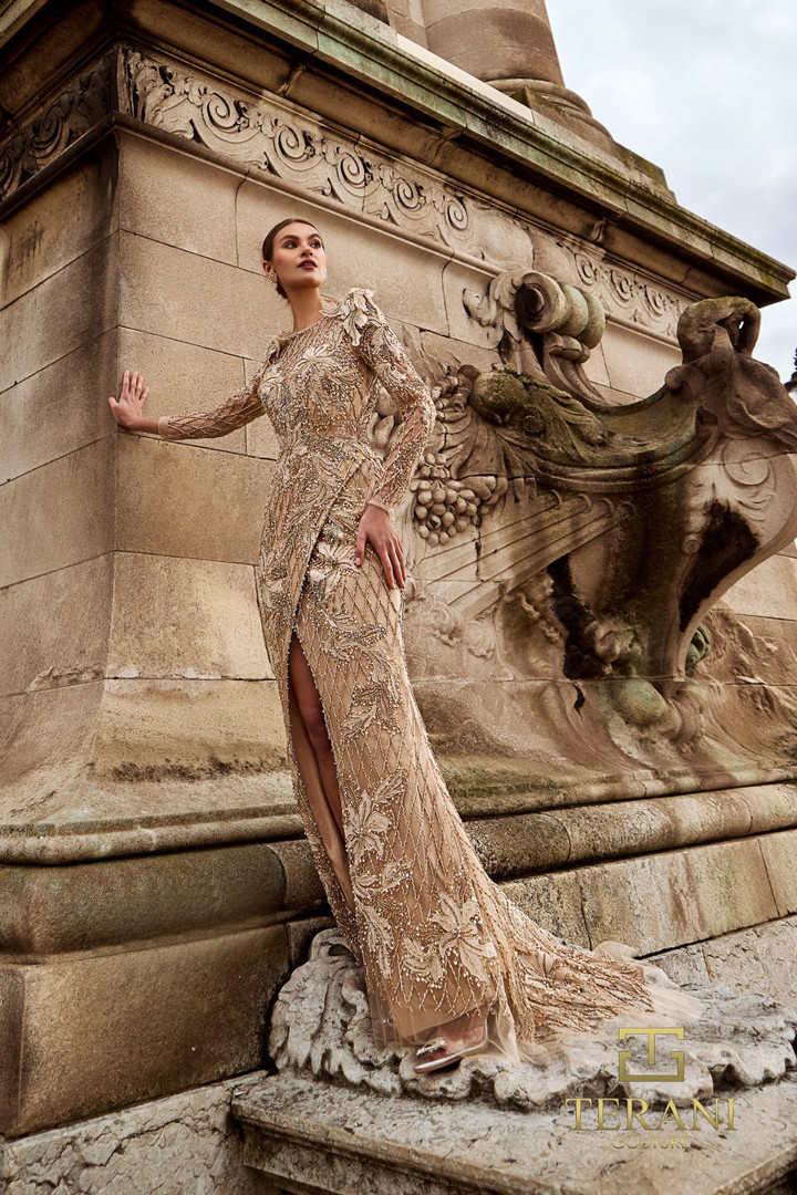 Terani Couture 242GL3219 Tulle Long Sleeves High Slit Dress