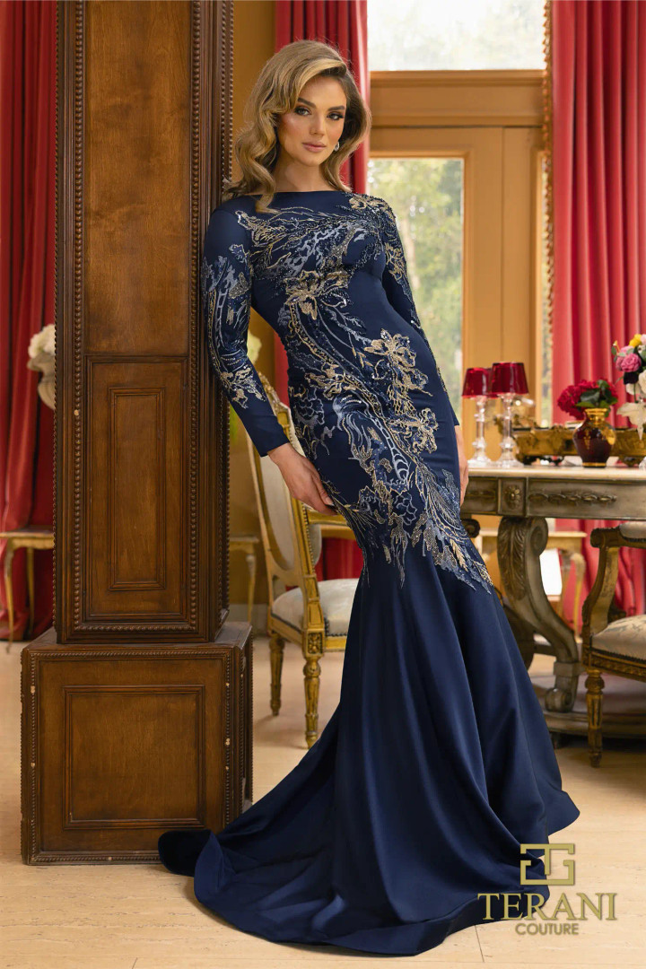 Terani Couture 242M3331 Satin Boat Neck Trumpet Long Dress