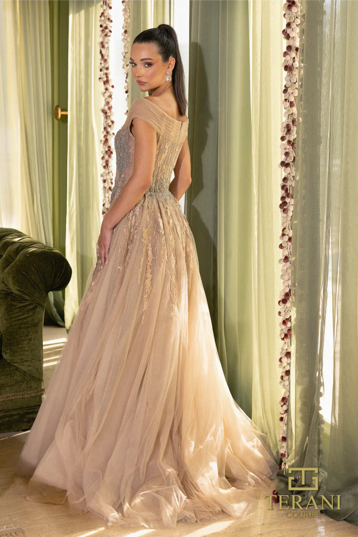 Terani Couture 242M3347 Tulle Glitter Off-Shoulder Dress