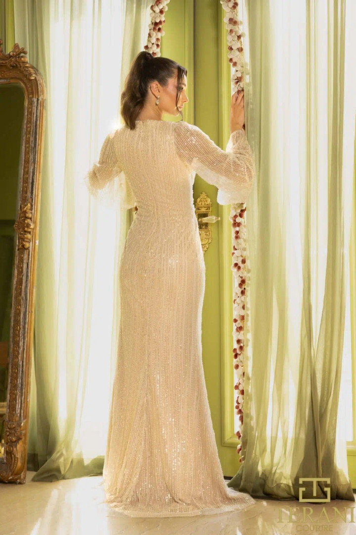 Terani Couture 242M3360 Sequins V-Neck Bell Sleeves Dress