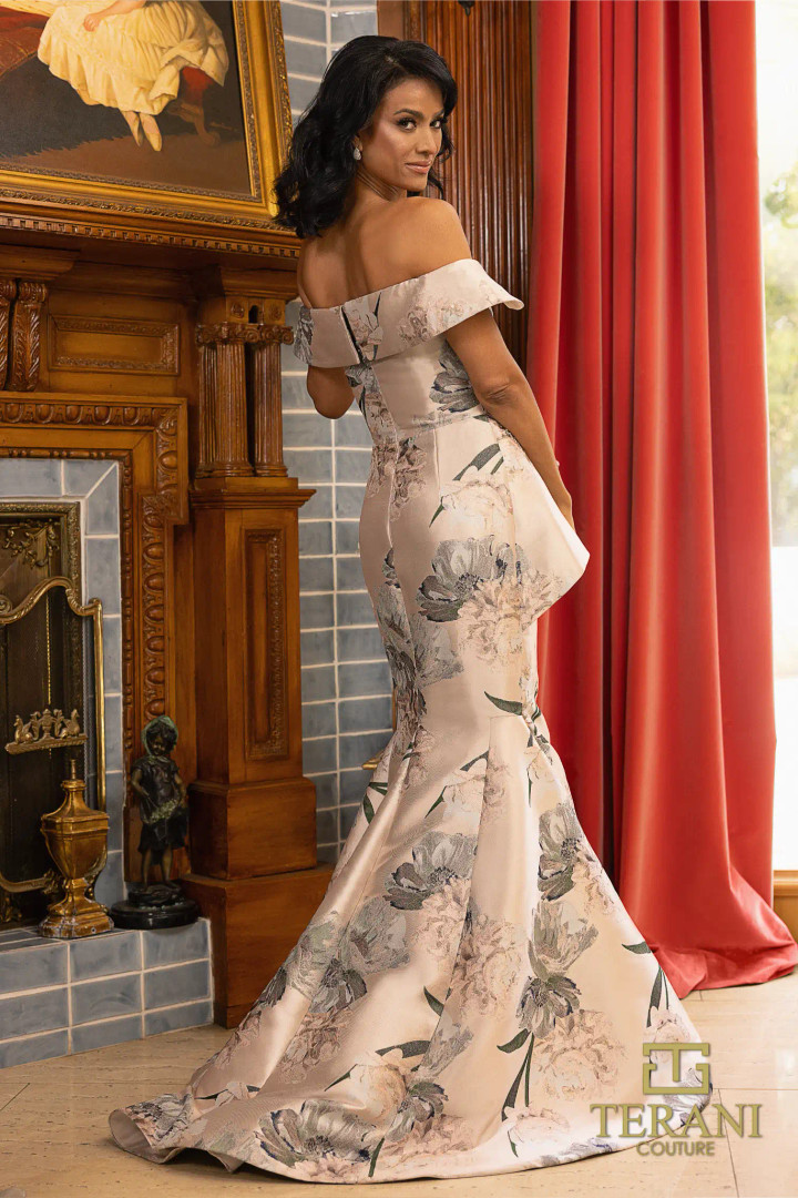 Terani Couture 242M3363 Jacquard Off-Shoulder Trumpet Dress