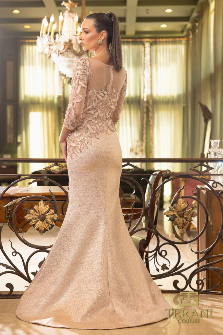 Terani Couture 242M3374 Jacquard 3/4 Sleeves Trumpet Dress