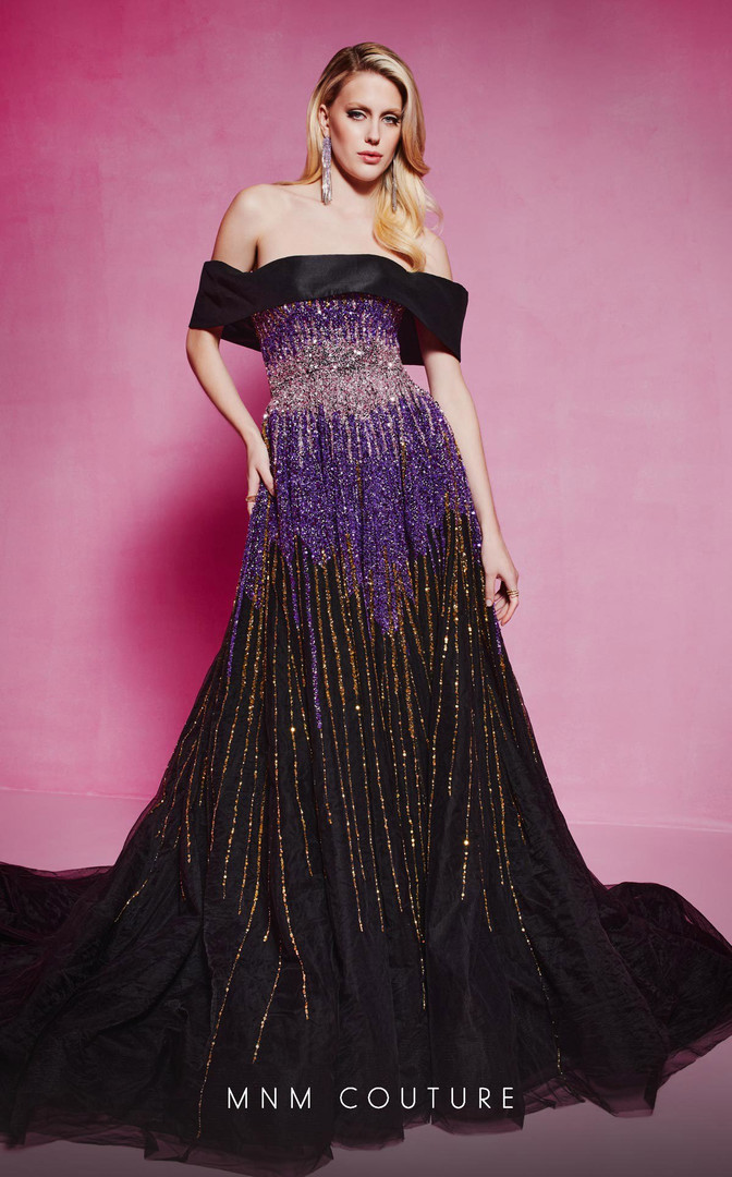 MNM Couture B1009 Mesh Satin Straight Across Neck Long Dress