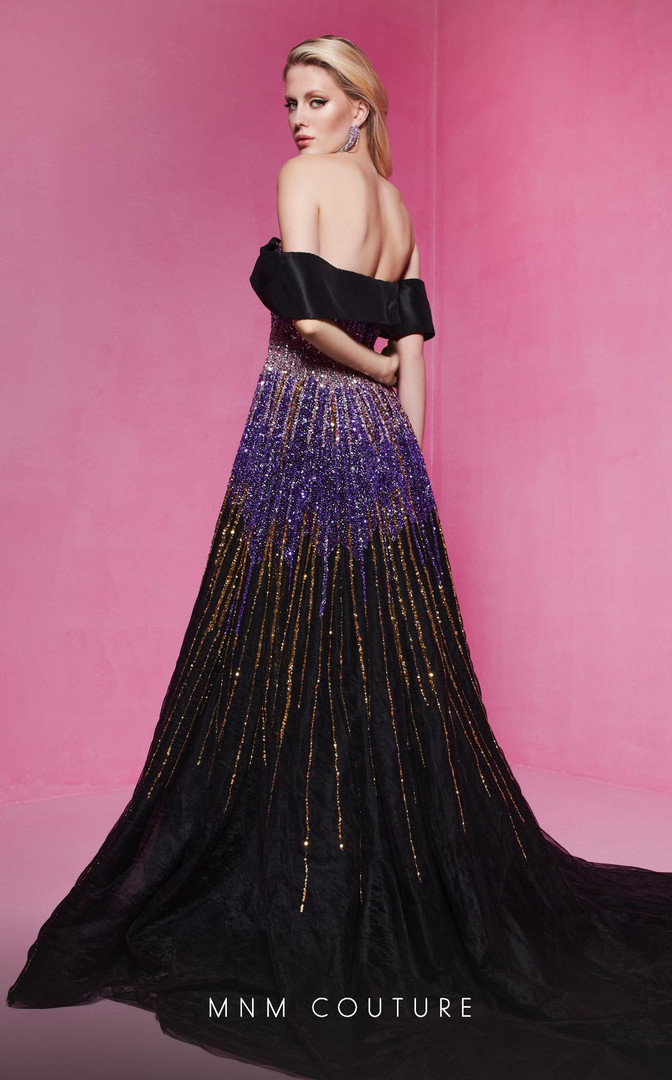 MNM Couture B1009 Mesh Satin Straight Across Neck Long Dress