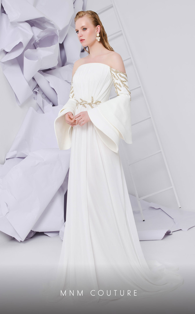 MNM Couture B1103 Organza Rayon Crepe off-shoulder Long Gown