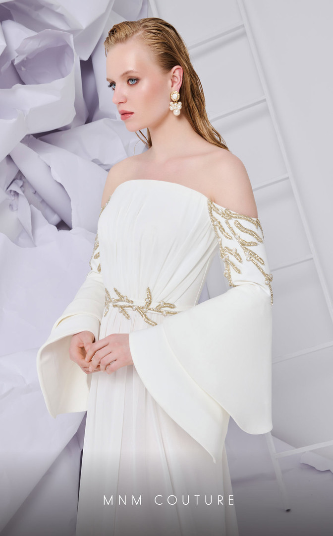 MNM Couture B1103 Organza Rayon Crepe off-shoulder Long Gown