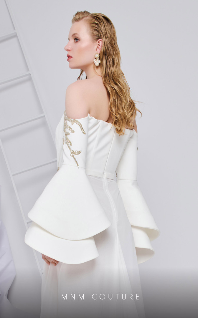 MNM Couture B1103 Organza Rayon Crepe off-shoulder Long Gown
