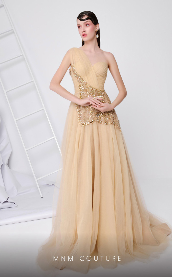 MNM Couture B1110 Tulle Beading One Strap Sleeves Long Gown