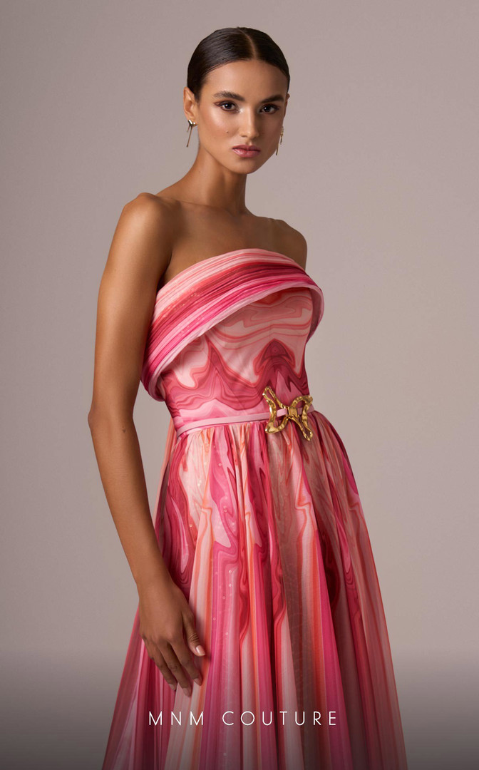 MNM Couture E0079 Chiffon Strapless Pleating A-Line Dress