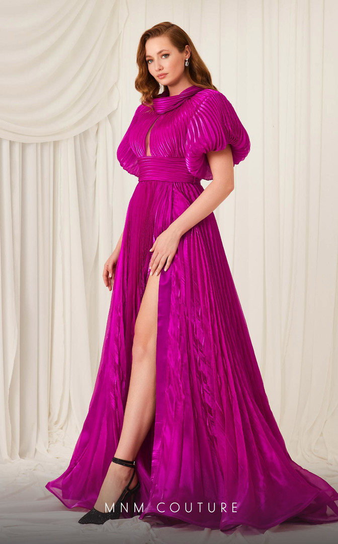 MNM Couture F02809 Organza High Neck Puff Sleeve Long Dress