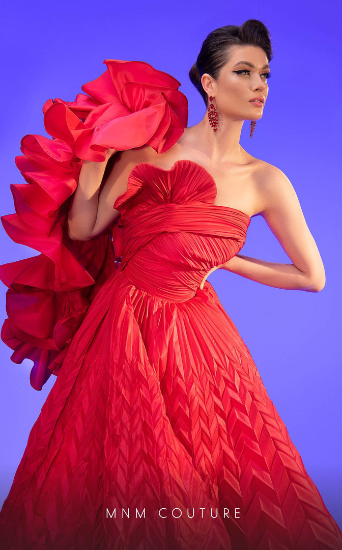 MNM Couture F02815 Taffeta Strapless Ruffles Pleating Dress
