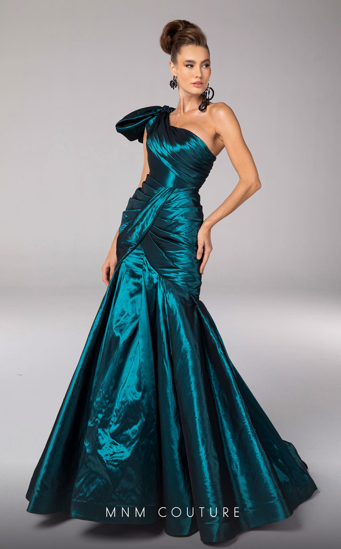 MNM Couture F02833 Asymmetrical Neck Pleated Trumpet Dress