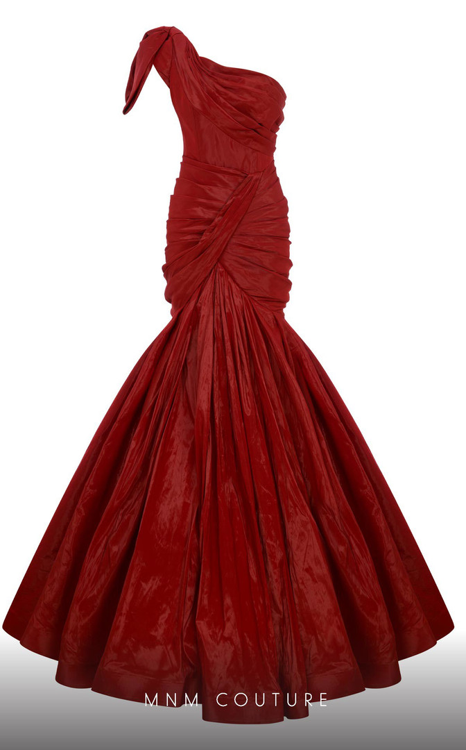 MNM Couture F02833 Asymmetrical Neck Pleated Trumpet Dress