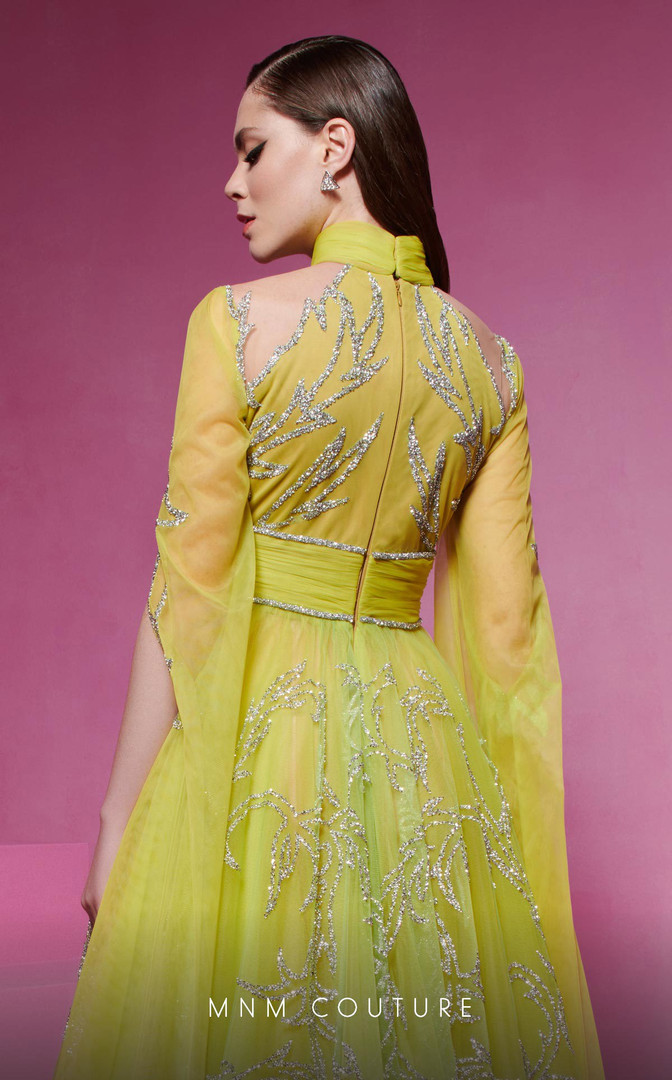 MNM Couture F02844 Embellished Split Sleeve High Neck Dress