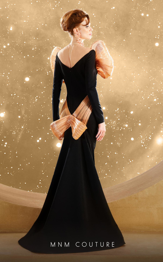 MNM Couture F02849 Crepe Metallic Organza Long Sleeve Dress