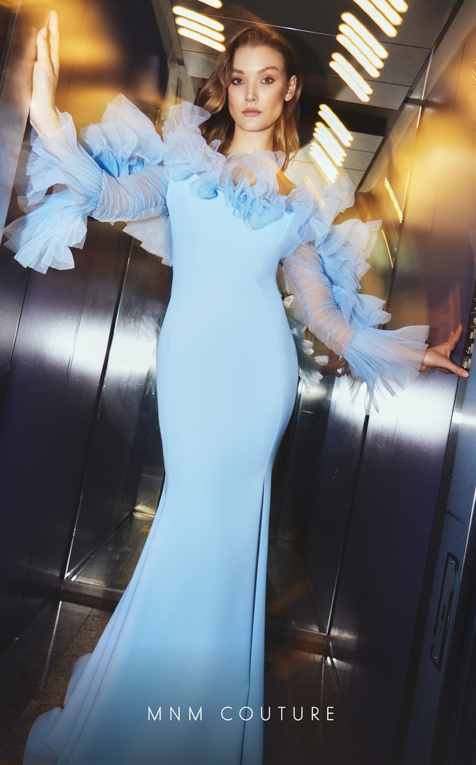 MNM Couture F02850 Crepe Chiffon Sheer Long Sleeves Dress