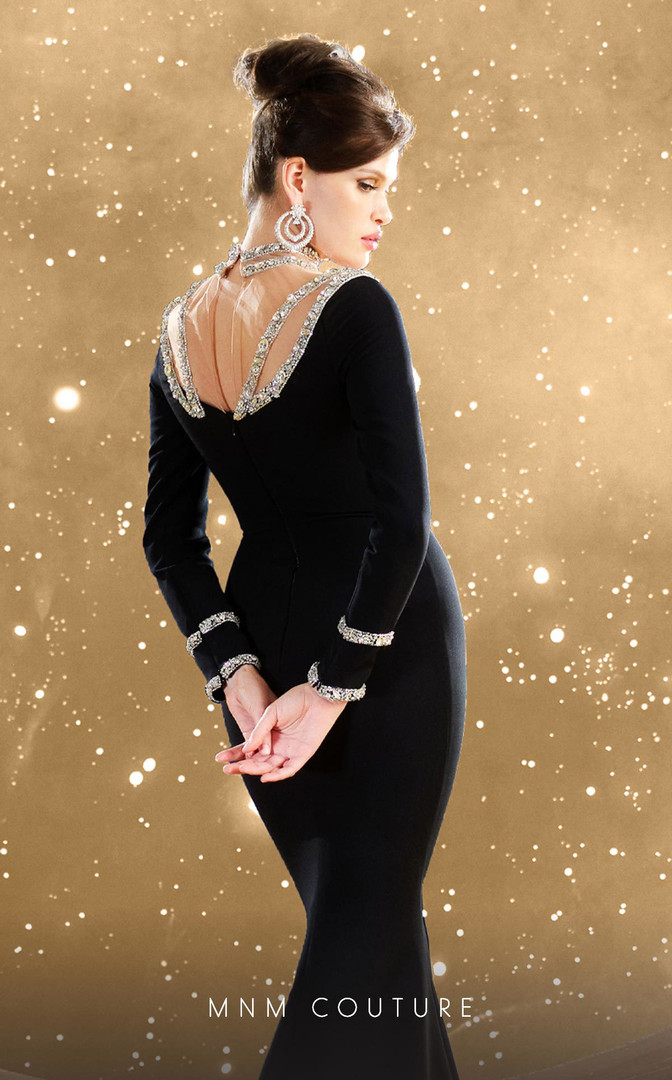 MNM Couture F02852 Crepe Tassel High Neck Long Sleeves Dress