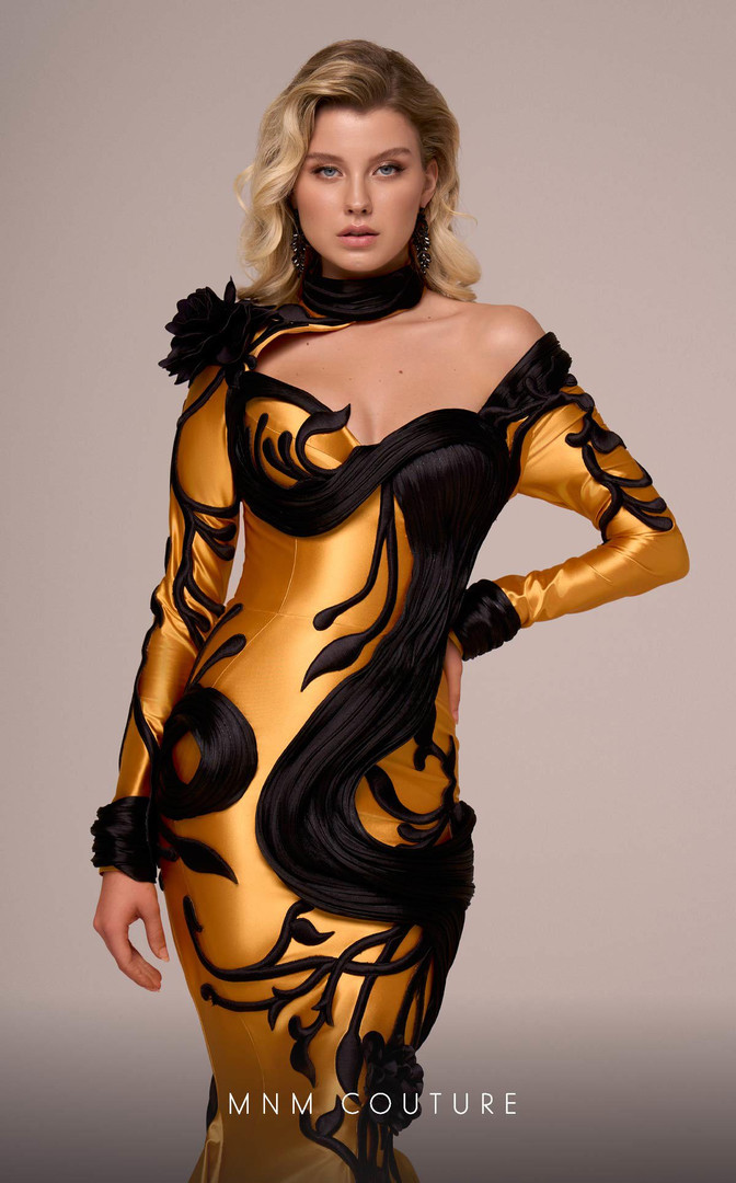 MNM Couture F02853A Satin High Neck Long Sleeve Long Dress