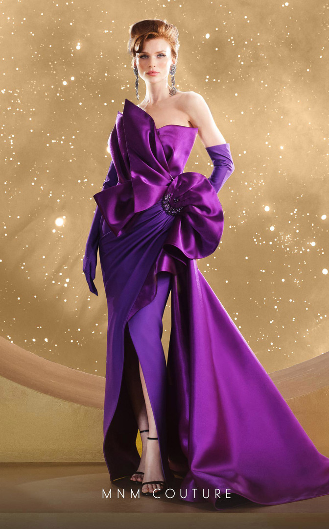 MNM Couture F02854 Long Crepe Brocade Strapless Long Dress